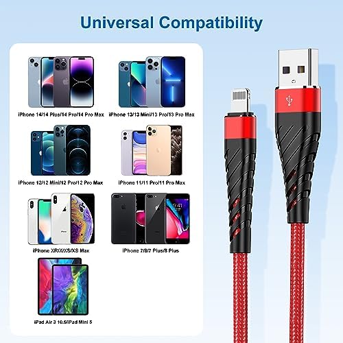 Cyven Smart 3-Pack 6 Ft MFi Certified Lightning Cables – Fast Charging USB A to Lightning Cords for i Phone 14/13/12/11/XS/XR/X/8/7/6/5/SE Plus Pro Max Mini – Durable Red Design for Ultimate Flexibility and Speed