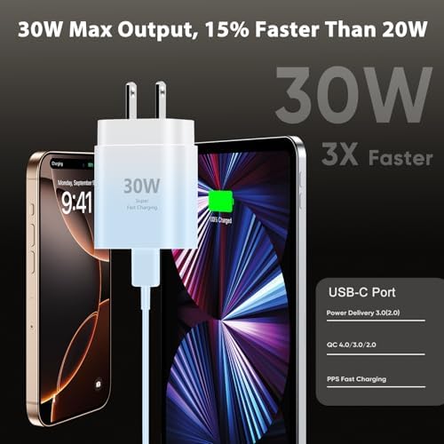 30 W Fast Charger for i Phone 15 Pro Max – 10 FT USB-C Cable & PD 3.0 Power Block | Rapid Charging for i Pad Pro/Air & Samsung S24 – Sleek Black Design for Ultimate Convenience and Durability