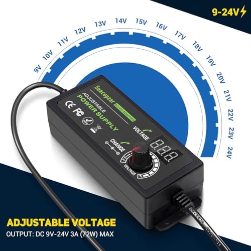 Versatile Universal Adjustable AC/DC Power Supply Adapter – 3 A, 72 W Output, 9 V to 24 V Range – Dual Connector Compatibility (5.5 x 2.1 mm & 5.5 x 2.5 mm) – Optimal Power Solution for Home Electronics with Advanced Safety Features and Global Input Voltage Support