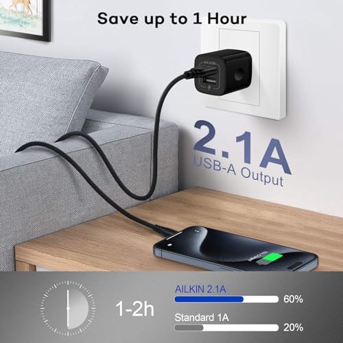 AILKIN Dual Port USB Wall Charger 2-Pack – 2.1 A Fast Charging Adapter for i Phone 15/14/13/12/11 Pro, Samsung Galaxy S23/S22/S21 – Compact Power Block with Quick Charge Technology – Universal Compatibility & Safety Features for Home and Travel