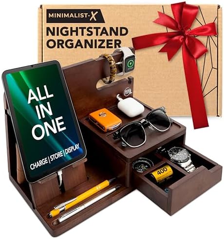 Nightstand Organizer – Bedside Docking Station for Men -Unique Gifts for Husband, Father or Dad from Wife, Son or Daughter -Desk Organizer for Phone, Watches & Accessories (Rustic) – Enhanced Compatibility and Speed