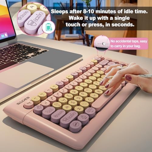 SADES Retro Wireless Bluetooth Keyboard for Mac, i Pad, i Phone, PC & Android – Multi-Device Connectivity & Portable Design with Vintage Round Keycaps – Perfect for Effortless Typing on the Go in Chic Pink