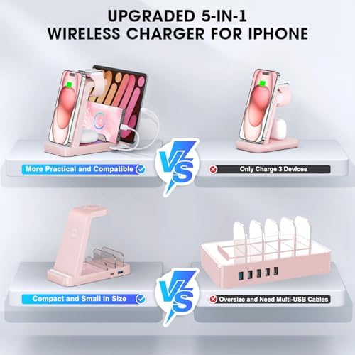 Revolutionize Your Charging Routine with the 5-in-1 Wireless Charging Station for i Phone – Fast, Efficient Dock for i Phone 16, 15, 14, 13, 12 Pro Max, Apple Watch, and Air Pods – Enhanced Compatibility, Intelligent Power Delivery, and Sleek Design for Clutter-Free Convenience
