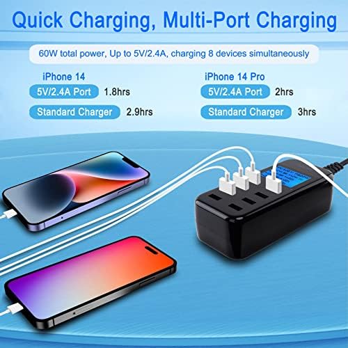 Efficient 60 W 8-Port USB Charging Hub with LCD Display – Rapid Multi-Device Charging Station for i Phone 14/14 Pro/13 Pro Max, Galaxy, i Pad & More – Smart Power Management for Home and Office Use