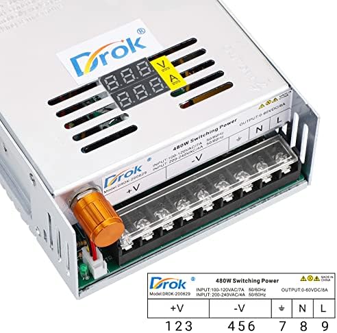 DROK 24 V Adjustable Power Supply – High-Efficiency AC to DC Converter for Reliable Power Delivery, 20 A 480 W Regulated Adapter Perfect for Computer Labs and Versatile Electronic Applications, Adjustable 5 V to 24 V Voltage Transformer for Enhanced Performance and Compatibility