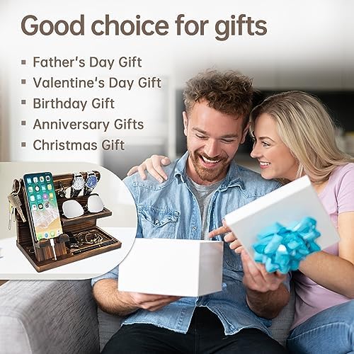 Nightstand Organizer with Phone Docking Station and Desk Organizer – Brown Wooden Gift for Men and Dad – Enhanced Compatibility and Speed