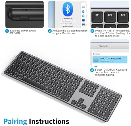 OMOTON Bluetooth Wireless Keyboard for Mac – Ergonomic Design with Numeric Keypad, Rechargeable Battery, Sleek Black & Grey Finish – Enhanced Compatibility for Mac Book Pro, Air, i Mac, Mac mini, and PC Users – Experience Unmatched Typing Speed and Comfort