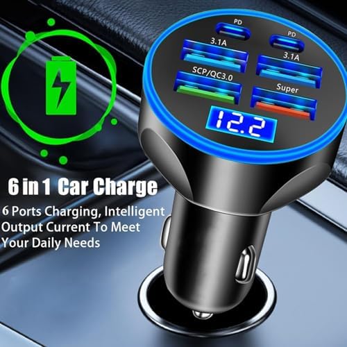 Ultra-Fast 250 W USB-C Car Charger Adapter with Voltage Display – 6-in-1 Multi-Port Solution for i Phone, Samsung Galaxy, Huawei, One Plus, Oppo, and Vivo – Efficient Charging on the Go for Tech-Savvy Drivers