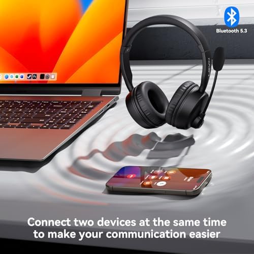 LEVN Professional Wireless Bluetooth Headset with AI Noise Cancellation – 60 Hours of Uninterrupted Battery Life, Effortless Dual Device Pairing, and Mute Functionality for Ultimate Call Clarity – Ideal for Laptops, Smartphones, and Busy Call Centers – Ergonomically Designed for All-Day Wear and Comfort