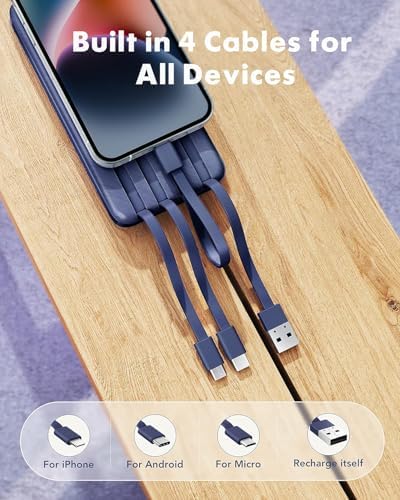 Sleek 10,000 m Ah Multi-Device Portable Charger with Built-In Cables – High-Speed 3 A Power Bank for i Phone, Samsung, Pixel, LG, Moto, i Pad – Ultimate Travel Essential with 6 Outputs for Effortless Charging on the Go