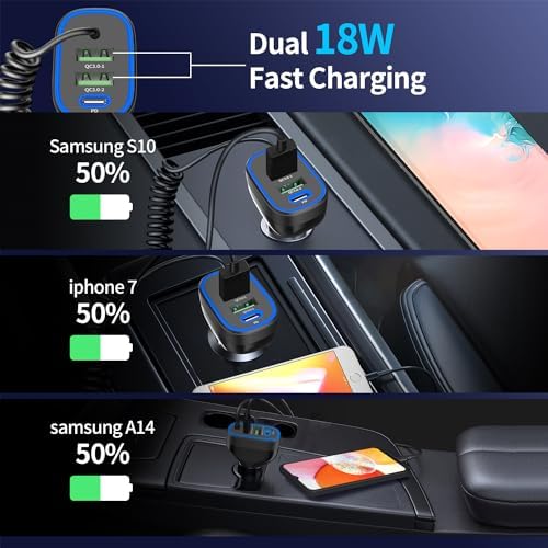 Ultra-Fast 72 W 4-Port USB-C Car Charger with 5 ft Coiled Cable for i Phone 16/15 Pro Max, Samsung Galaxy S25/S24/S23, and Pixel 9 Pro – Multi-Device Compatibility and Rapid Charging for On-the-Go Power Needs