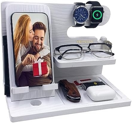 Gifts for Dad Men Mom Women from Daughter Son Birthday Gifts Nightstand Organizer Mens Wood Phone Docking Station (Black) – Enhanced Compatibility and Speed