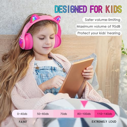 IFECCO Wireless Kids Bluetooth Cat Ear Headphones – Fun Light-Up Design with Volume Limiting Feature, Built-in Microphone, and Foldable Portability for Travel and Learning – Ultimate Gift for Young Music Enthusiasts