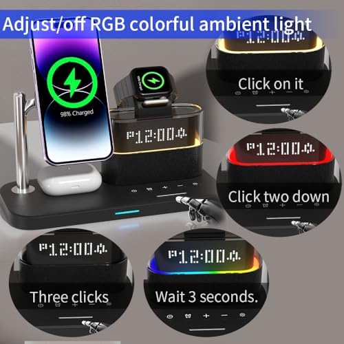 Revolutionary 5-in-1 Magnetic Charging Hub: Ultra-Fast Wireless Station for i Phone 12-15 & i Watch Series 2-9 with Customizable RGB Ambient Lighting and Integrated Digital Clock for Optimal Charging Efficiency and Aesthetic Appeal