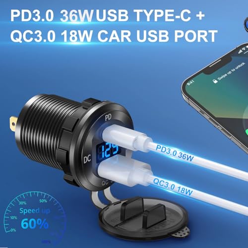 High-Performance Aluminum Alloy USB C Car Charger Socket – Dual Port Waterproof Power Adapter with PD 36 W & Quick Charge 3.0, Built-in Voltmeter & Switch for Trucks, Boats, Motorcycles, RVs, and Golf Carts – Ultimate Charging Solution for Adventure Seekers