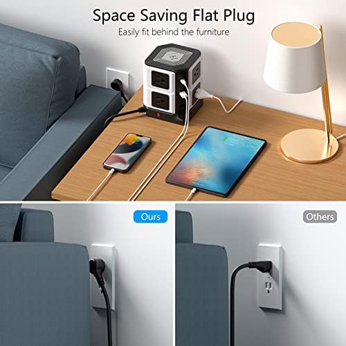 BESTEK Multi-Outlet USB Power Hub with Wireless Charging Station – 8 AC Outlets & 6 USB Ports (40 W) Surge Protector | 1500 Joules ETL Listed for Safe Use – Ideal Dorm Room Essential & Home Office Accessory in Sleek Black Finish