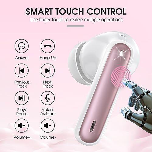 Premium Bluetooth 5.3 Wireless Earbuds – 40-Hour Playtime, IPX7 Waterproof, Deep Bass Sound, Superior Noise Cancelling, Elegant Rose Gold Design – Ideal for i Phone and Android Users Seeking Exceptional Audio Performance and Durability