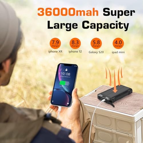 High-Capacity Solar Power Bank – 36,000 m Ah Portable Wireless Charger with 15 W Fast Charging, Built-In Cables & Multiple Inputs for Ultimate Device Compatibility – Lightweight & Durable for Outdoor Use