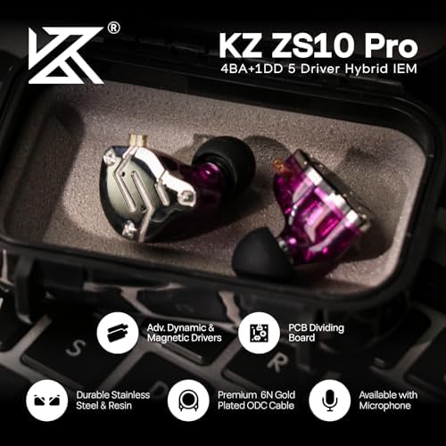 Linsoul KZ ZS10 Pro Hybrid IEM Earbuds – 4 BA + 1 DD High-Fidelity Wired In-Ear Monitors with Stainless Steel Faceplate and Detachable Cable, Ideal for Musicians and Gamers with Built-in Mic, Unmatched Sound Clarity and Versatile Compatibility