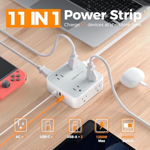 TESSAN Power Strip Tower Surge Protector: 8 AC Outlets & 3 USB Ports (1 USB-C) with 900 Joules Protection, 5 FT Flat Plug Extension Cord – Ultimate Desk Charging Station for Home Office and Dorm Room Efficiency