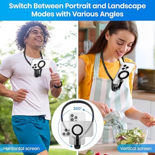 Revolutionary Magnetic Neck Phone Holder for Hands-Free Vlogging and Content Creation – Adjustable Smartphone Mount for i Phone 15, 14, 13, 12 Pro Max, Plus, Mini (Black) – Effortless Video Recording and Maximum Stability