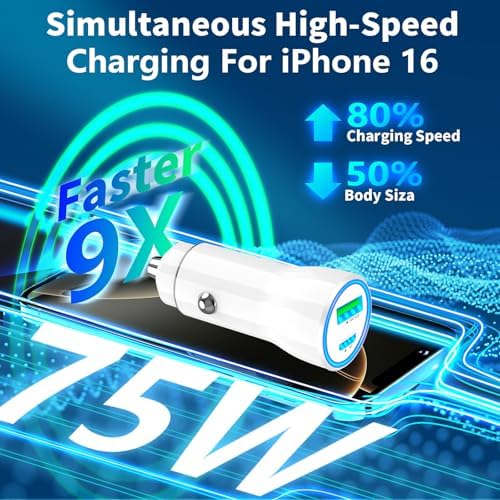 Rombica 105 W MFi Certified Dual USB-C & USB-A Fast Car Charger for i Phone 16 Pro Max – Ultimate Portable Power Solution with 6 FT Coiled Type-C Cable for Rapid Charging on the Go, Perfect for Road Trips and Daily Commuting