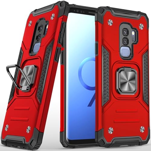 Rugged Military-Grade Shockproof Case for Samsung Galaxy S9 Plus – Red Armor with Built-in Kickstand and Magnetic Car Mount for Ultimate Protection and Style – Perfect for Active Lifestyles