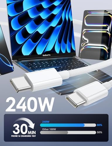 240W USB C to USB C Cable 6 FT 2Pack,USB C Cable Fast Charging Braided Cord for iPhone 15/16 Pro Max Plus, MacBook Pro, Pad Pro, Galaxy S23, and More – Enhanced Compatibility and Speed
