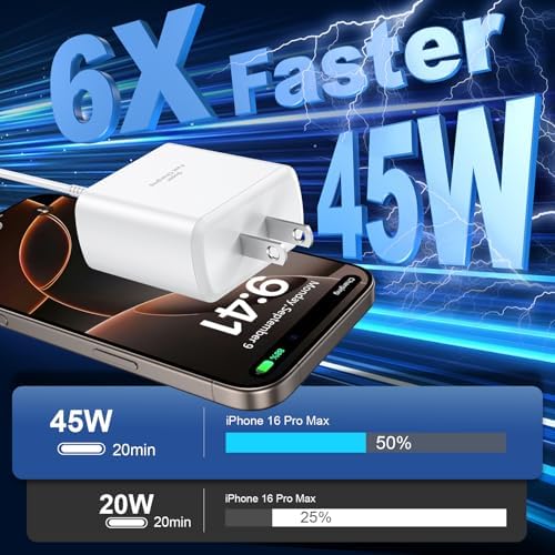 45 W USB-C Super Fast Charger for i Phone 16 & Galaxy Devices – Includes 6.6 FT Type-C Cable for Flexible Power Solutions – Compact & Portable Design for On-the-Go Charging – Advanced Safety Features for Device Protection – Ideal for Rapid Power Demands and Enhanced Device Longevity