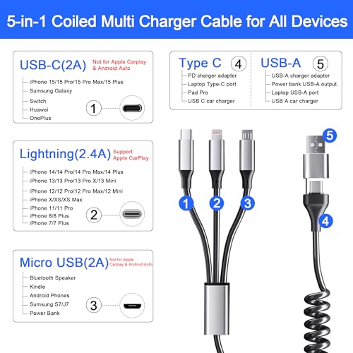 Versatile 5-in-1 Coiled Charging Cable – MFi Certified USB A/USB C to Lightning, Type-C & Micro USB – Tangle-Free Design for Car & Home – Fast 2.4 A Charging Speed for Seamless Data Transfer & Compatibility with Apple Devices – Ideal for Professionals & Families