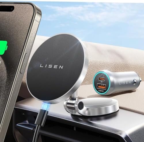 LISEN Mag Safe Car Mount Charger – Upgraded 360° Rotating Wireless Phone Holder for i Phone 16 Pro Max, 15, 14, 13, 12 & Samsung Devices with Mag Safe Cases – Fast Charging, Foldable Design for Effortless Storage and Enhanced Accessibility