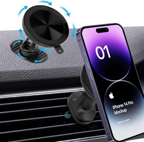 Revolutionize Your Driving with the 360° Rotatable Mag Safe Car Mount – Hands-Free Magnetic Phone Holder for Dashboard & Air Vent – Ultimate Compatibility & Convenience for Smartphones – Securely Enjoy Navigation & Music with Style