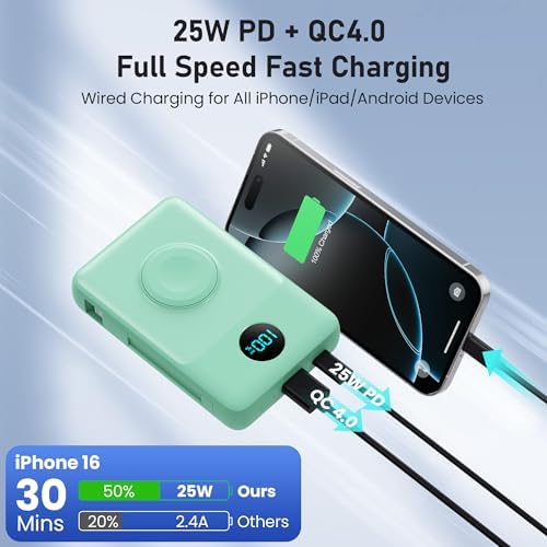 Revolutionary Magnetic Portable Charger for i Phone – 6-in-1 Power Bank with 10,800 m Ah Capacity, Built-in Cables, Apple Watch Charger, and LCD Display – 25 W PD Fast Charging for i Phone 16/15/14/13/12 and Mag Safe Compatibility – Ultimate On-the-Go Charging Solution