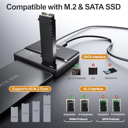 Alxum 2 in 1 M.2 NVME & SATA SSD Enclosure – Ultra-Fast 10 Gbps USB 3.2 Tool-Free Portable Case for 2230/2242/2260/2280 M.2 & 2.5″/3.5″ SATA Drives – Perfect for On-the-Go Data Transfer and Backup Solutions