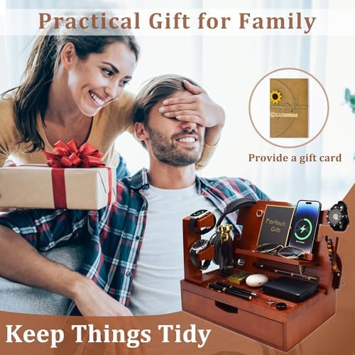 Nightstand Organizer for Men with Large Drawer, Birthday Gifts for Men, Phone Docking Station, Bedside Organizer for Nightstand for Apple Watch, Laptop (Brown, Solid Wood) – Enhanced Compatibility and Speed