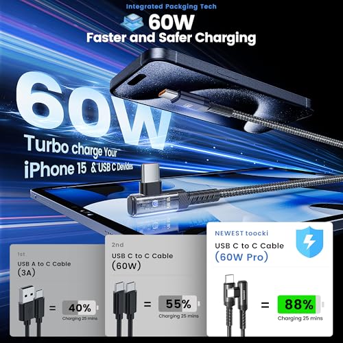 10 ft USB C to USB C Charger Cable (2-Pack) – 60 W Fast Charging Type C Cord with Right Angle Connector for i Phone 16, 15 Pro Max/Plus, Mac Book Air, Samsung S23 Ultra/S22, Note 20 – Superior Durability & Enhanced Ergonomics for Optimal Device Performance