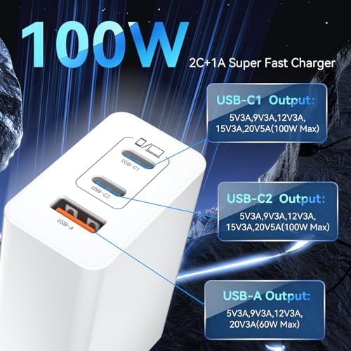 Power Up Your Devices with the 100 W USB-C Fast Charger Block – Ultimate Dual Pack for Mac Book Pro/Air, i Phone 16/15 Pro Max, i Pad & Tablets – Includes 10 FT Type-C Cable for Enhanced Convenience and Rapid Charging – Compact, Lightweight Design for Travel – Ideal for Professionals and Students Seeking Efficiency and Reliability