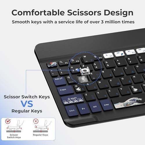 Ultra-Portable XVX WK60 Foldable Bluetooth Keyboard with Kanagawa Wave Art – Multi-Device Compatible Wireless Keyboard for i Pad, i Phone, Mac Book, Android & Windows – Long-Lasting 20-Hour Battery Life – Elevate Your Typing Experience Anywhere