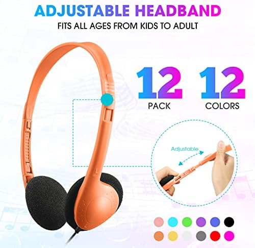 Bulk 12-Pack Adjustable Wired School Headphones for Enhanced Classroom Learning – Lightweight On-Ear Headsets with 3.5 mm Jack for Students and Educators – Superior Sound Quality for Online Learning and Interactive Engagement Sessions