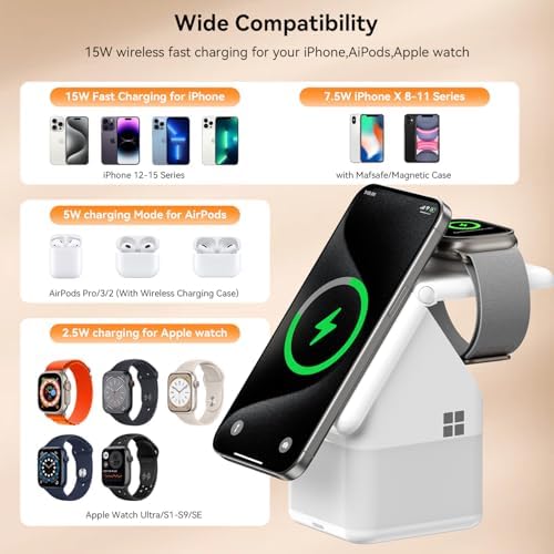 WSKEN 3-in-1 Wireless Charging Station with Nightstand Lamp – 15 W Fast Charger for i Phone 15/14/13/12, Apple Watch, and Air Pods – Sleek Design for Enhanced Bedside Convenience and Clutter-Free Power Solution – Perfect Compatibility with Qi-Enabled Devices