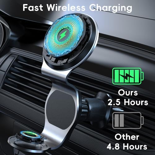 Revolutionary 2-in-1 Wireless Car Charger with Mag Safe Mount – Fast 15 W Magnetic Charging for i Phone 15/14/13/12 & Apple Watch | 7 LED Color Indicators for Real-Time Status | Ultimate Compatibility with Mag Safe Cases and Accessories for Hassle-Free On-the-Go Power Solutions