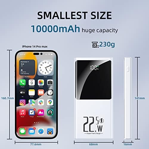 Ultra-Slim 10000 m Ah Portable Charger with 22.5 W Fast Charging – Compact Power Bank for i Phone 12-16, Samsung, Google & Android Devices – LCD Display & Dual USB-C Ports for Effortless Charging on the Go