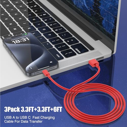 6 FT USB A to USB C Carplay Charging Cable – 3-Pack for i Phone 15/16, i Pad Pro/Air/Mini, Samsung Galaxy S25/S24/S23, and Mac Book – Fast Charging & High-Speed Data Transfer for Enhanced Compatibility on the Go