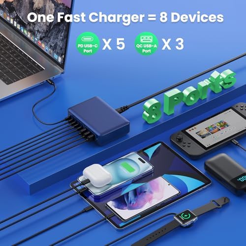 Revolutionary 300 W Ga N IV Technology USB-C Charging Hub – 8-Port Multi-Device Charger for Mac Book Pro/Air, DELL Laptops, i Phone 16/15/14 & Galaxy S25 – Sleek Navy Finish for Enhanced Home & Office Efficiency – Your Premier Solution for Rapid Device Power and Seamless Connectivity