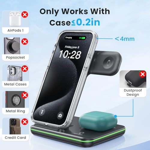 WAITIEE 3-in-1 Wireless Charging Station for i Phone, Apple Watch & Air Pods – Fast, Stylish Blue Charger with Enhanced Compatibility for i Phone 16, 15, 14, 13, 12, 11, X, 8 & Air Pods Pro – Ultimate Travel-Friendly Charging Solution with Safety Features
