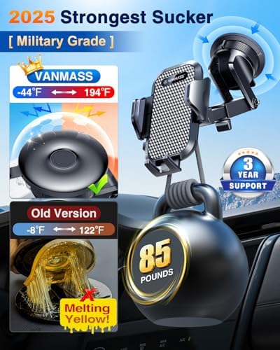 VANMASS Pro Universal Car Phone Mount with 2025 Super Suction Cup – Ultimate Cell Phone Holder for Safe Driving, Compatible with i Phone 16 Pro Max, 15, 14, 13 & Samsung Android Devices – Easy Installation, 360-Degree Rotation, and Enhanced Stability for Windshield, Dashboard, and Vent Use