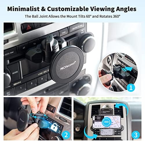 Magnetic Phone Holder for Cars – PROfezzion Suction Cup & Vent Clip Combo for i Phone 16/15/14/13 Pro Max & All Smartphones – Seamless Mag Safe Compatibility & Durable Aluminum Design – Enhanced Grip for Safe Navigation and Hands-Free Calls
