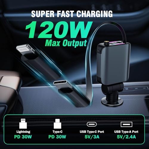 Transform Your Charging Routine with the 4-in-1 Retractable Car Charger Featuring Starlight Glow – 120 W USB-C Fast Charger Compatible with i Phone 16/15/14/13/12/11 and Android Devices, Tangle-Free Design for Effortless Use, Perfect Valentine’s Gift for Him or Her in Sleek Dark Grey