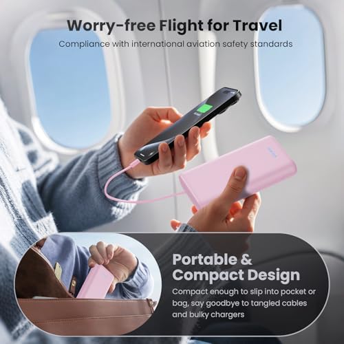 Ultra-High Capacity 40800 m Ah Portable Charger with Built-In Cables – 25 W PD USB C Fast Charging Power Bank – 5 Outputs & Dual Input for i Phone 16/15/14/13 & Samsung S23 – Stylish Pink Design for On-the-Go Charging Solutions