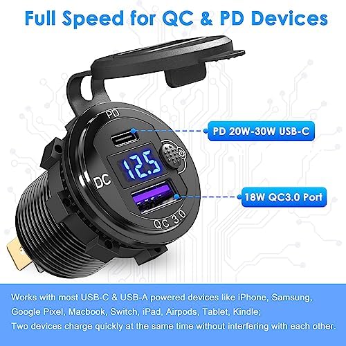 High-Performance PD 20 W USB-C & 18 W QC3.0 Dual USB Charger Socket with Energy-Efficient Power Switch and Built-in Voltmeter – Premium Aluminum Design for Cars, Boats, RVs, Motorcycles, and More – Ultimate Fast Charging Solution for All Your Devices